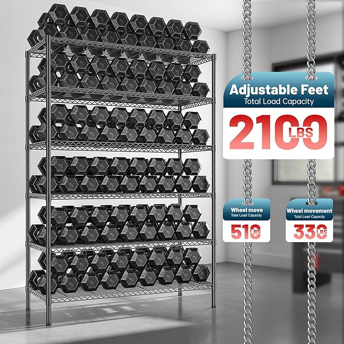 Romorgniz 82" H X45 W X18 D Storage Shelves with Wheels, 6 Tier Wire Shelving Adjustable Metal Shelving Pantry Shelves Capacity 2100LBS for Garage Shelving, Pantry, Kitchen, Closet, Commercial, Black