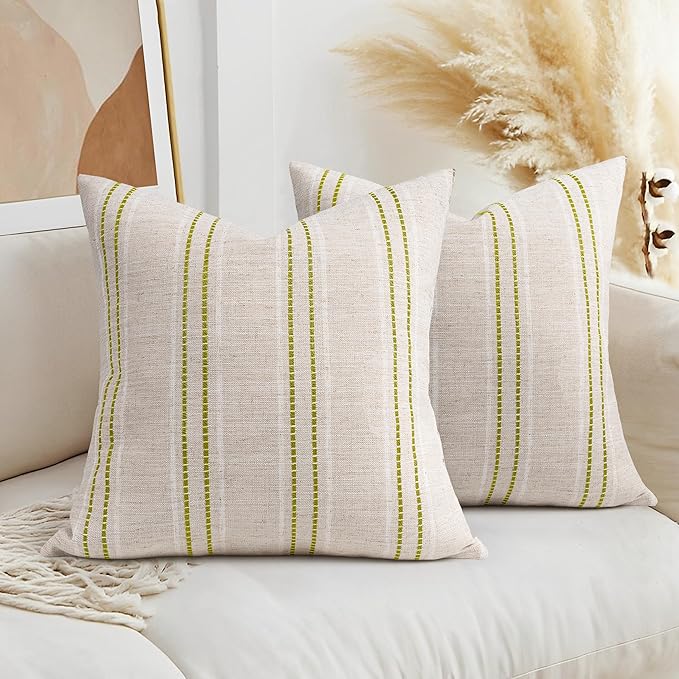 AELS 20x20 Decorative Farmhouse Linen Throw Pillow Covers, Boho Textured Pillow Case, Set of 2, Beige with White & Green Stitch Yarn Dyed Stripe Cushion Cover for Sofa Couch Living Room (Cover ONLY)