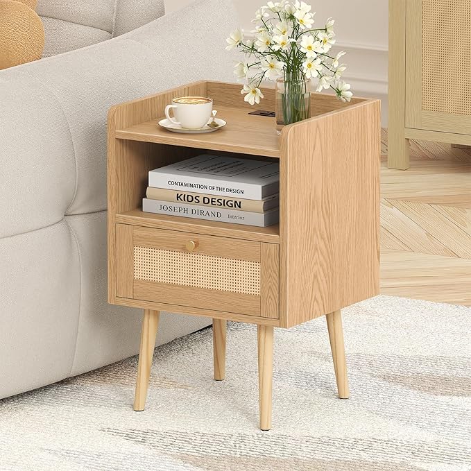MECHYIN Nightstand with Charging Station & Rattan Decor Drawer, Boho Bedside End Table with Solid Wood Feet, Bed Side Table with Open Storage for Apartment Bedroom Living Room Dorm - Natural