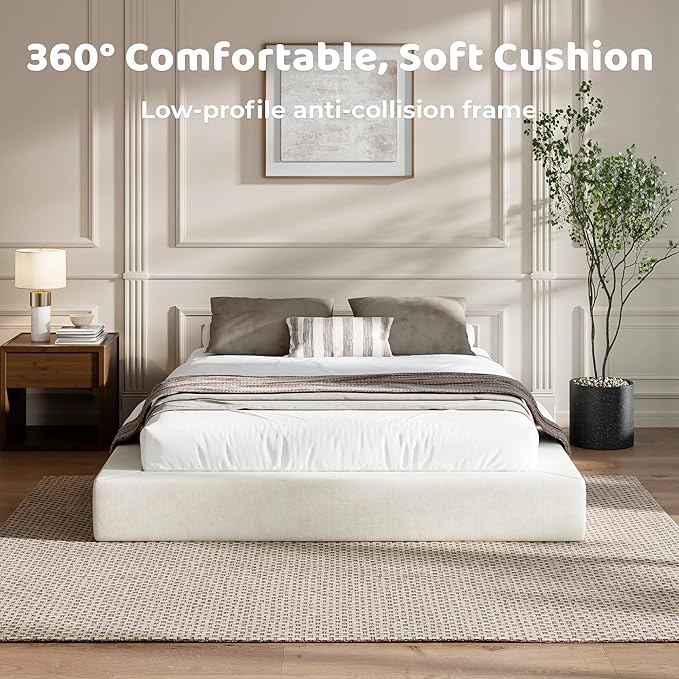 RECCI AirFrame Queen Bed Frame, Cloud Upholstered Platform Bed Frame, 5 Inch Fully Boxy Foam Cushioned, Square Shape Base, No Box Spring Needed, Easy Assembly | Beige Chenille, Soft Low-Profile