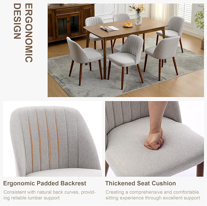 GarveeHome Wooden Dining Chairs Set of 8, Upholstered Kitchen Dining Room Chairs with Padded Seat and Wood Legs, Modern Fabric Side Dinner Chair for Kitchen, Dining Room, Restaurant, Cafe, Grey