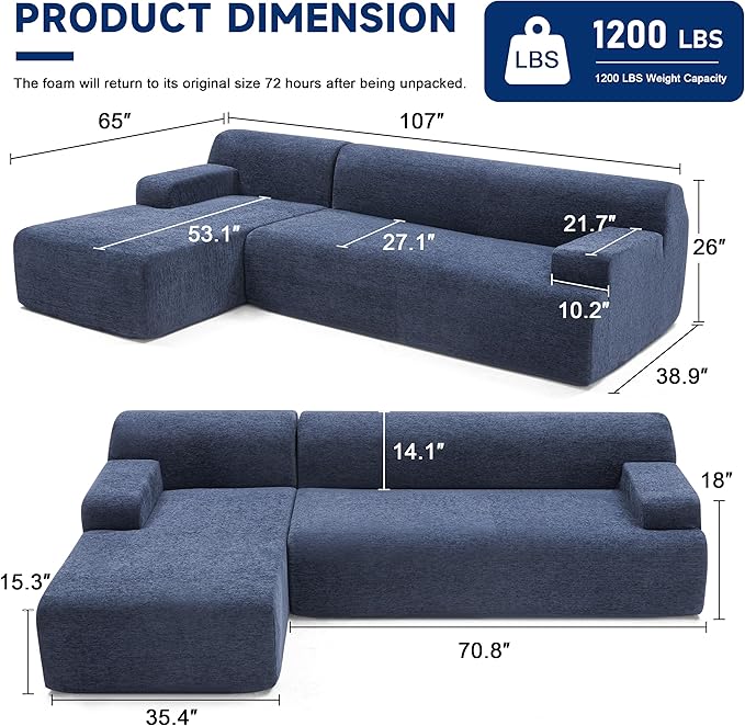 Weture 107" Modular Sectional Cloud Couch, Boneless couches Sponge sectionals for Living Room, High Density Sponges Sofa, Modular L-Shape with Chaise, Blue