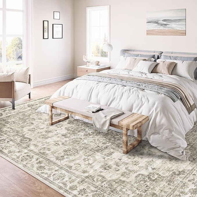 9x12 Neutral Area Rug Taupe Vintage Living Room Bedroom Carpet Non-Slip Soft Low Pile Washable Farmhouse Indoor Indoor Large Throw Rug for Dining Room Office