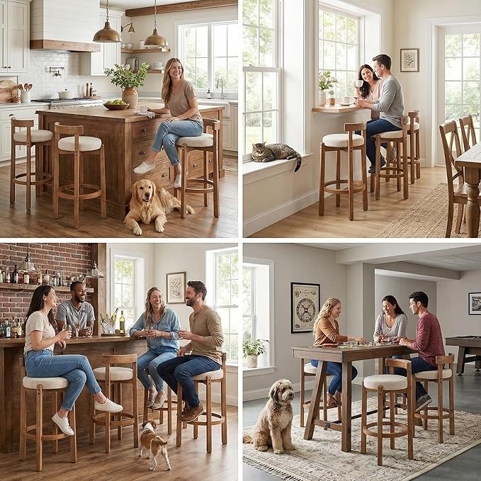 LukeAlon Mid Century Linen Bar Stools Set of 2, 30.25" Seat Height Upholstered Barstools with Wood Legs Modern Tall Bar Chair with Curved Low Back Round Footrest for Pub Home Kitchen Island, Beige
