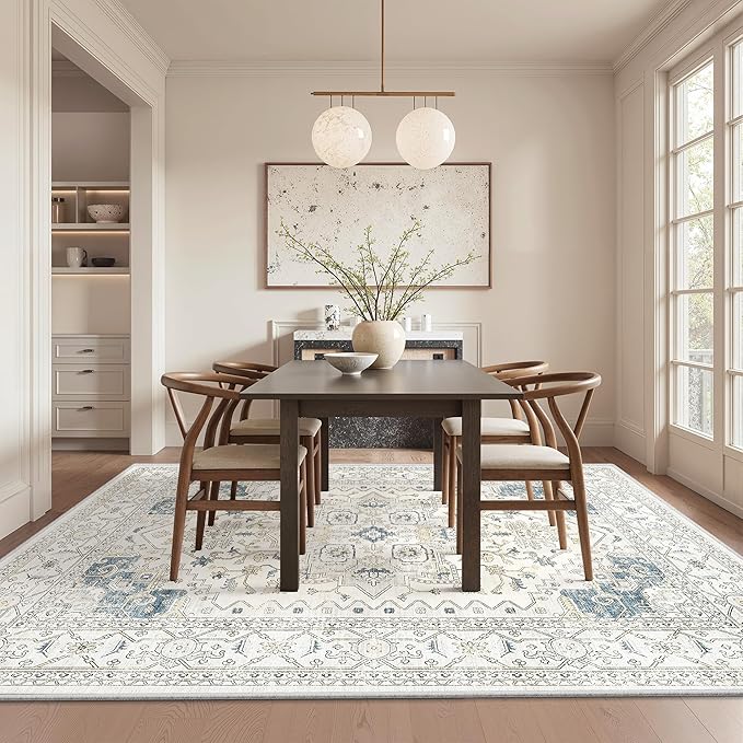 befbee Washable Area Rug 6x9, Area Rugs Stain Resistant Neutral Washable Rugs for Living Rooms Bedroom Vintage Non-Slip Thin Large Size Area Rug（6x9,BeigeBlue）
