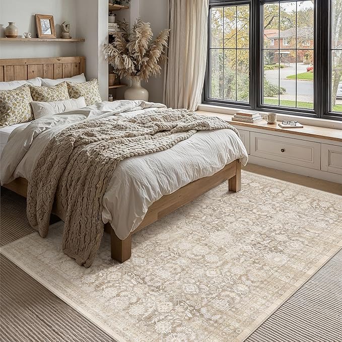 8x10 Beige Washable Neutral Area Rug Living Room Floral Non Slip Low Pile Large Rug Vintage Traditional Stain Resistant Distressed Carpet Bedroom Dining Room Office Playroom