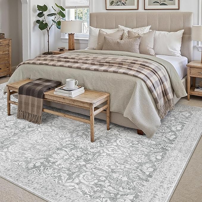 PureCozy Gray 5x7 Area Rug Washable Vintage Living Room Bedroom Carpet Indoor Non Slip Soft Low Pile Thin Rug Retro Accent Throw Office Dining Room