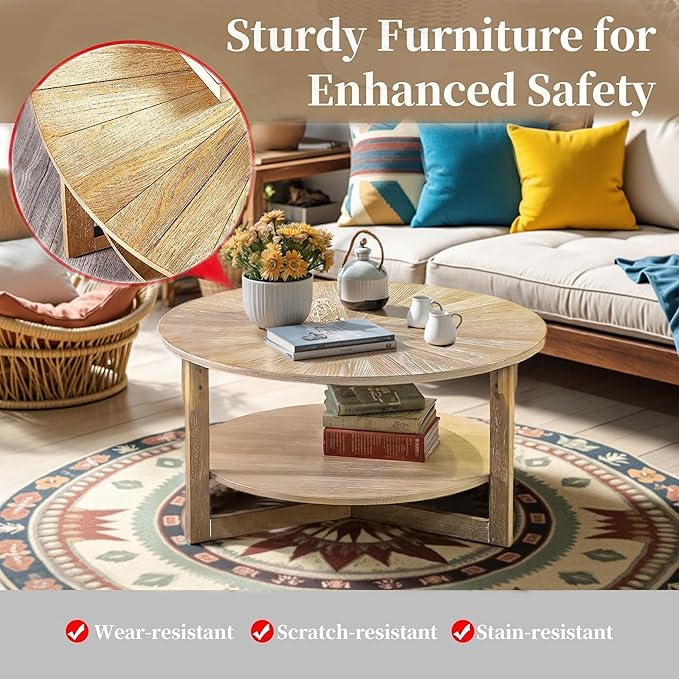 Round Coffee Table, 35" Circle Wood Coffee Table with Storage Shelf, 2 Tier Center Table for Living Room Apartment Home Furniture, Easy Assembly (Light Brown,35" Dx35 Wx18 H)