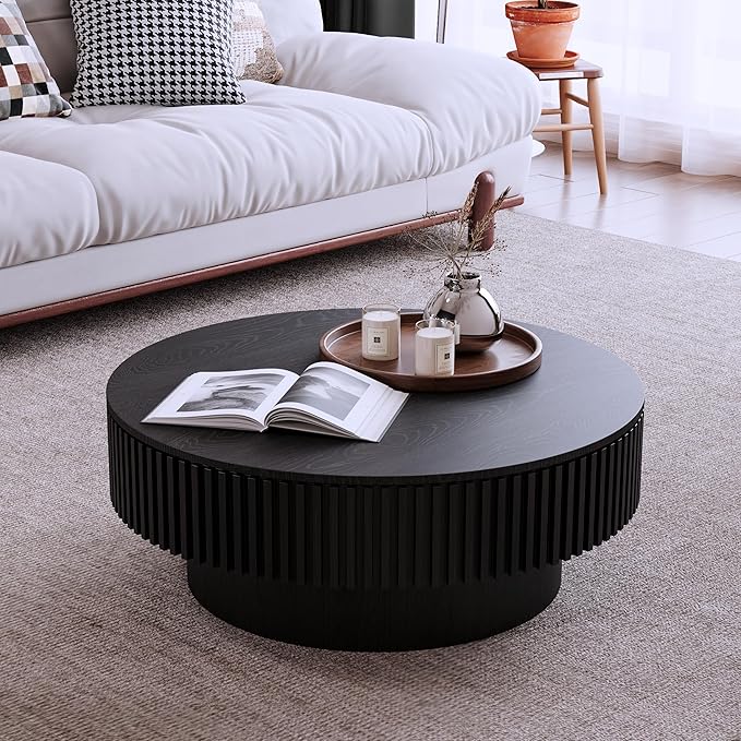 Round Coffee Table with Storage, Modern Handcraft Drum Coffee Table Wood Circle Center Table for Living Room Apartment, 31.49" Black