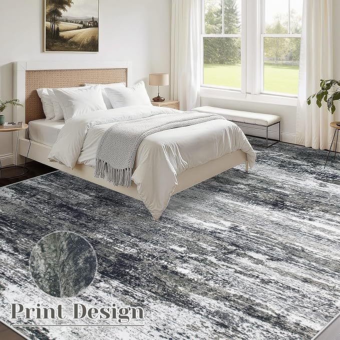 Washable Rug 9x12 Area Rugs for Living Room: Large Neutral Soft Rug Abstract Non Slip Low Pile Modern Carpet for Bedroom Kitchen Nursery Office Dining Room Indoor (Black, 9'x12')