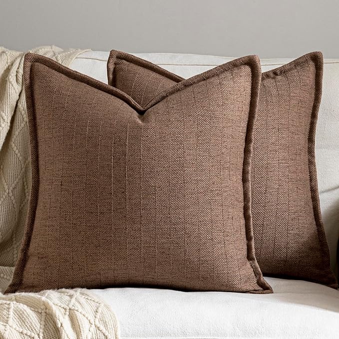 DEZENE 22x22 Linen Pillow Covers Brown Pack of 2 Farmhouse Boho Neutral Accents Striped Textured Square Decorative Throw Pillow Cases for Living Room Couch Bed Home Decor