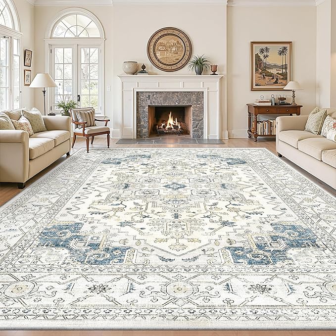 Living Room 10x14 Area Rugs, Washable Area Rug Stain Resistant Carpet Vintage Soft Rugs for Bedroom with Non Slip Backing Indoor Home Decor (10'x 14',BeigeBlue)