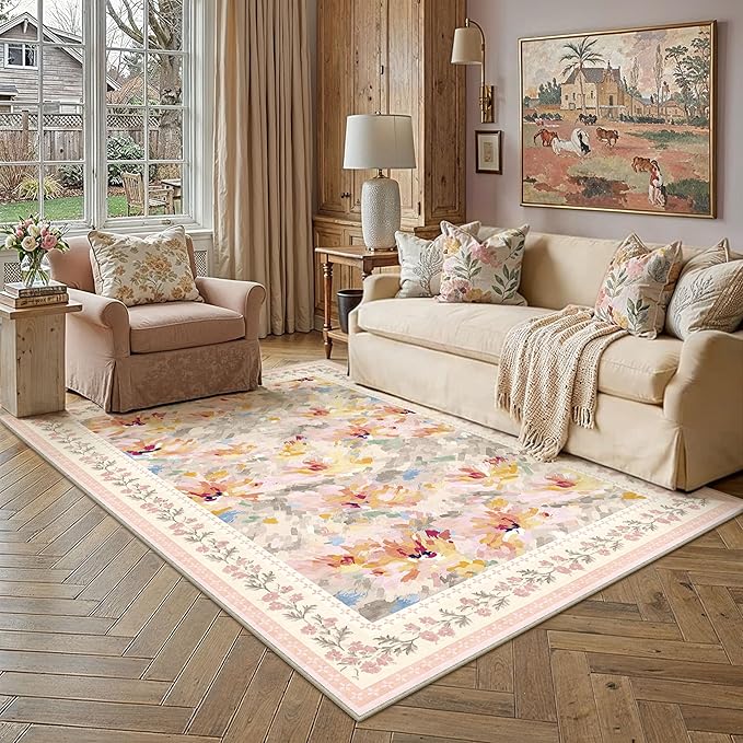 6x9 Washable Area Rug Beige Pink Living Room Bedroom Floral Throw Rug Abstract Modern Non Slip Soft Low Pile Carpet for Dining Room Office Nursery Indoor