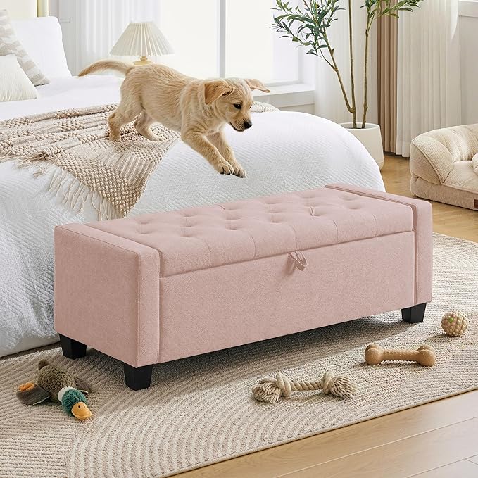 Huatean Home 43" Ottoman with Storage, Pink Storage Ottoman Bench with Safety Hinge, Upholstered Entryway Bench with Seating for Bedroom, Living Room, Holds up to 330 lb