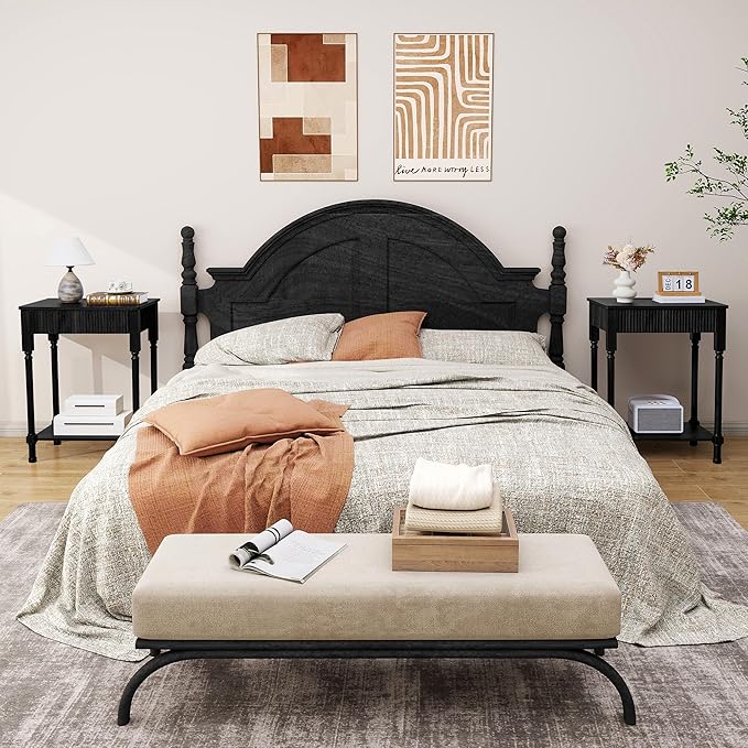 Night Stand Set of 2,Fluted Nightstand with Charging Station, 23.6” Large Bed Side Table End Table with Drawer, Modern Mid Century Wooden Night Stands Bedside for Bedroom Living Room Sofa Office,Black