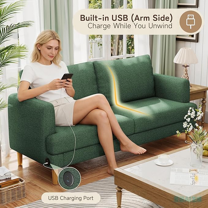 70" Modern Loveseat Sofa with USB Type-C Ports, Linen Fabric 2-Seater Deep Seat Couch, Cozy Small Couch Sofa for Living Room Bedroom Office Apartment (Green)