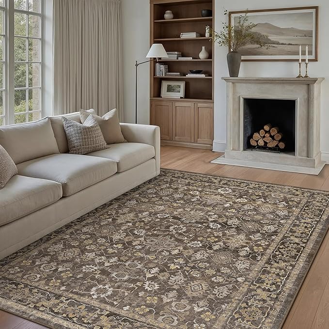 8x10 Brown Washable Vintage Area Rug for Living Room Soft Floral Non Slip Large Rug Modern Low Pile Stain Resistance Indoor Carpet Bedroom Office Playroom Office Classroom