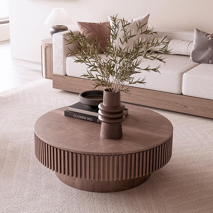 39.37" Round Coffee Table with Storage for Living Room Wood Coffee Table Contemporary Circle Center Table for Apartment, Easy Assembly, Walnut