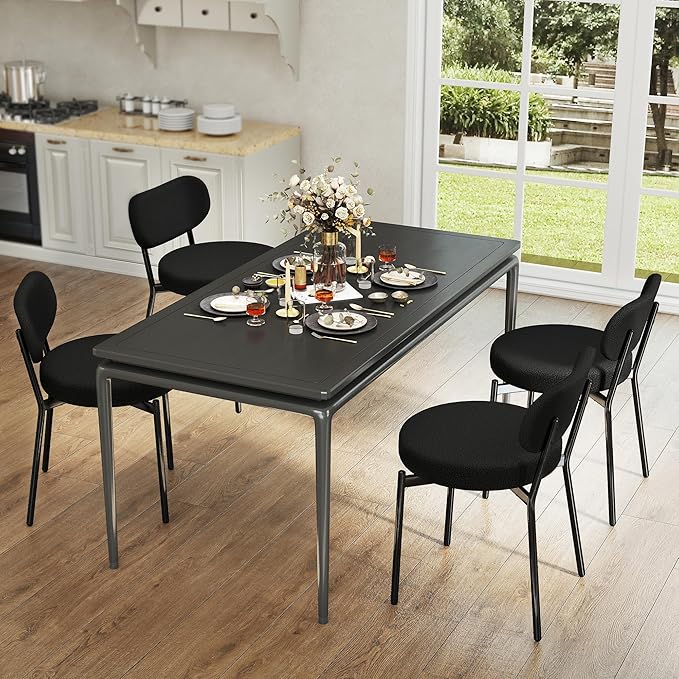 Murago Dining Chairs Set of 4 pcs, Boucle Upholstered Comfortable Seat with Curved Backrest, Mid-Century Modern & Scandinavian Designer Style, Ideal for Dining Room & Kitchen, Black