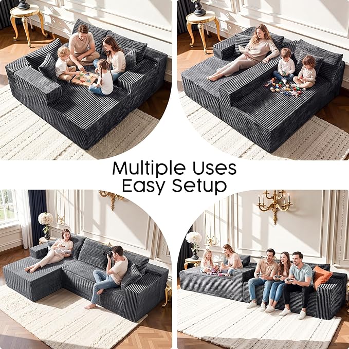 Grey Modular Sectional Couch with 108" L-Shape Chaise, Deep Seat Corduroy Sofa Plush Fabric Cloud-Like Couches for Living Room, No Assembly Modern Minimalist Furniture (Right Facing Chaise)