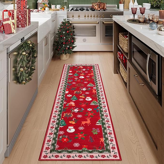 Garvee 2x6 Christmas Long Hallway Runner Rug Boho Xmas Kitchen Runner Rug Washable Carpet Decorative Romance Throw Rugs Non-Slip Area Rug for Bedroom Living Room Kitchen Nursery, Red