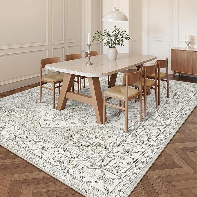 Area Rugs for Living Room - 9x12, Boho Non-Slip Low Pile Carpet Machine Washable Rugs for Bedroom, Farmhouse, Office, Dining Room (Beige)