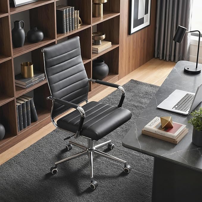 Okeysen Office Desk Chair, Ergonomic Leather Modern Conference Room Chairs, Executive Ribbed Height Adjustable Swivel Rolling Chair for Home Office. (Black)