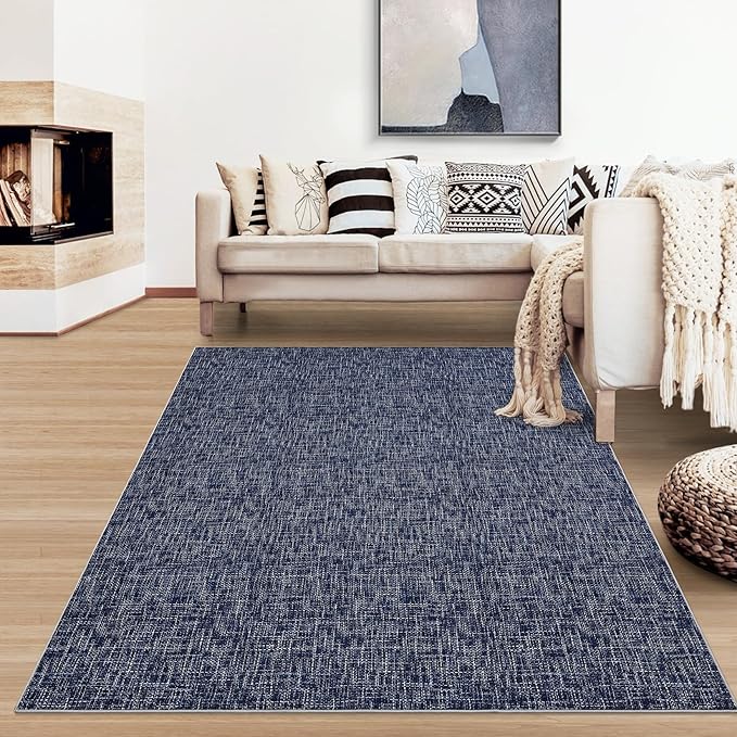 RUGSREAL Area Rug 5x7 Machine Washable Area Rug for Living Room Non-Slip Stain Resistant Modern Abstract Rug Contemporary Solid Color Throw Rug Foldable Accent Floor Carpet for Dining Room, Blue