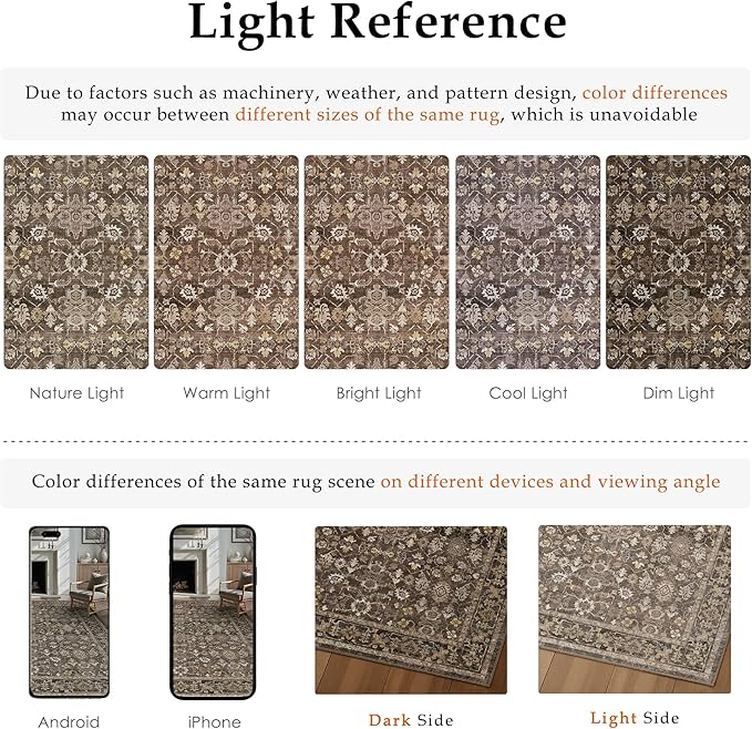 8x10 Brown Washable Vintage Area Rug for Living Room Soft Floral Non Slip Large Rug Modern Low Pile Stain Resistance Indoor Carpet Bedroom Office Playroom Office Classroom