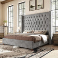 PaPaJet California King Size Bed Frame with 61.4" Tall Wingback Design Headboard, Velvet Upholstered Platform, Handmade Deep Button Tufting, Solid Wood Legs, No Box Spring Needed, Grey