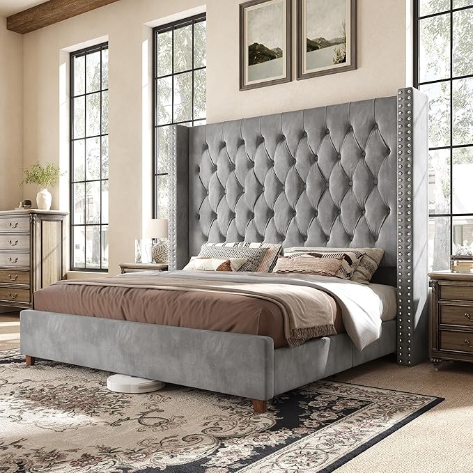 PaPaJet King Size Bed Frame with 61.4" Tall Headboard, Velvet Upholstered Platform and Handmade Deep Button Tufting, No Box Spring Required, Grey