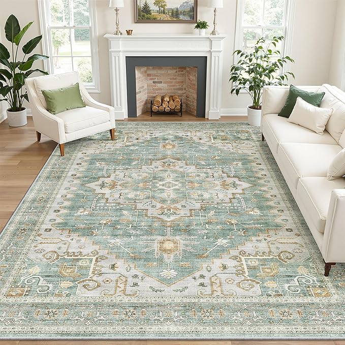 befbee Washable Area Rug 5x7, Area Rugs Stain Resistant Neutral Washable Rugs for Living Room Bedroom Vintage Non-Slip Thin Large Size Area Rug（Green）