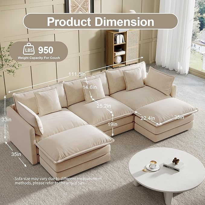 Modular Sectional Sofa, 111.5 Inch U-Shaped Cloud Sofa with Deep Seat Chenille Sofa with Cushions, Three-Self Sectional Sofa for Living Room Apartment,Light Coffee