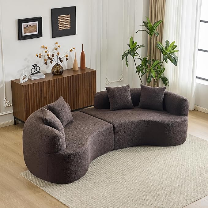 106.7" Modern Curved Oversized Sectional Sofa, Minimalist Modular Cloud Couch with 4 Throw Pillows, Luxury 4-Seater Extra Deep & Wide Seat Sofa in Soft Teddy Fabric, Dark Brown