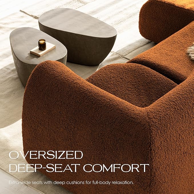 Curved Single Sofa Corner Chair, 38" Boneless Sherpa Couch, Comfy Teddy sofas for Small Spaces, Modern Sectional Modular Couches for Living Room, Bedroom, Apartment, Dorm, Office– No Assembly, Orange