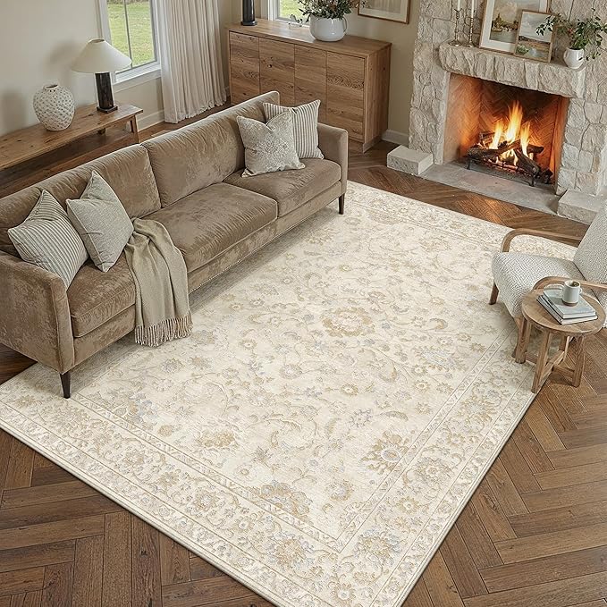 6x9 Beige Washable Area Rug for Living Room Bedroom Neutral Soft Floral Non Slip Large Throw Rug Lightweight Vintage Low Pile Distressed Carpet Office Playroom Dining Room Home Decor