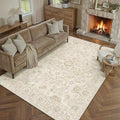 6x9 Beige Washable Area Rug for Living Room Bedroom Neutral Soft Floral Non Slip Large Throw Rug Lightweight Vintage Low Pile Distressed Carpet Office Playroom Dining Room Home Decor