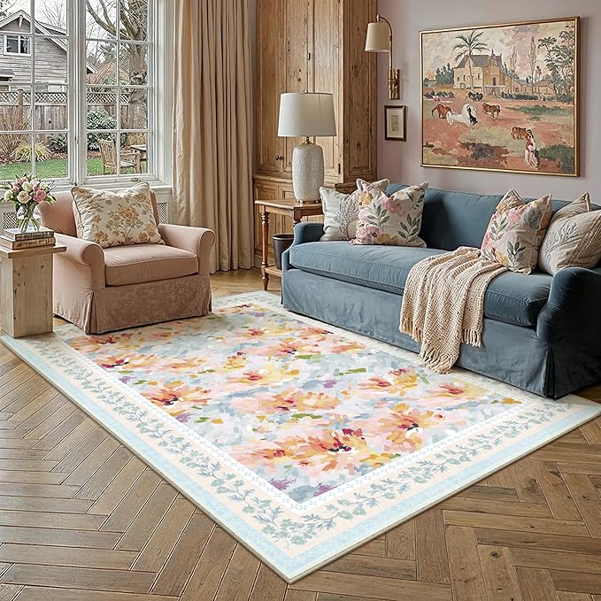 5x7 Washable Area Rug Blue Living Room Bedroom Floral Throw Rug Abstract Modern Non Slip Soft Low Pile Carpet for Dining Room Office Nursery Indoor