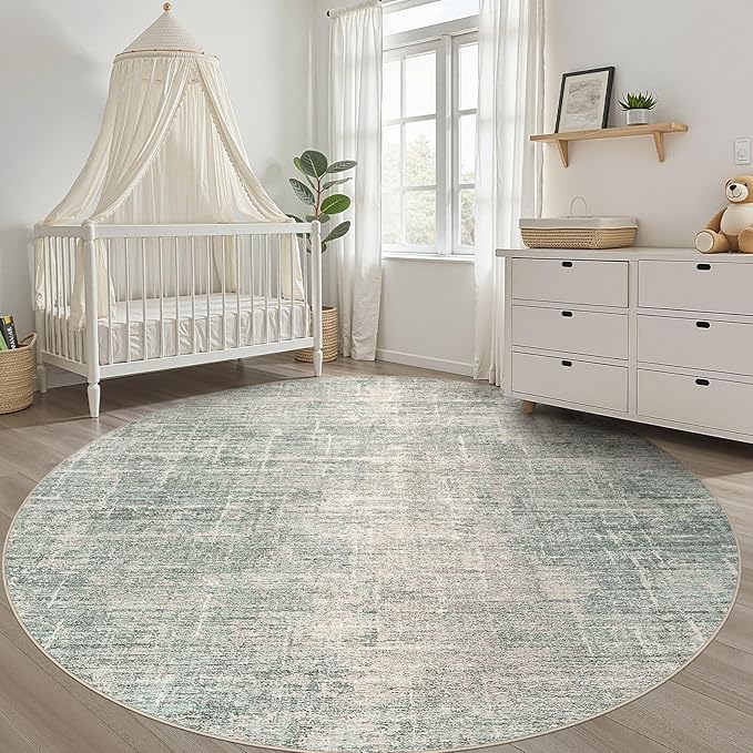 10ft Round Rug Living Room: 10x10 Washable Large Neutral Green Circle Area Rug Abstract Soft Modern Stain Resistant Indoor Floor Non-Slip Carpet for Bedroom Nursery Kids Office Playroom Dining Room