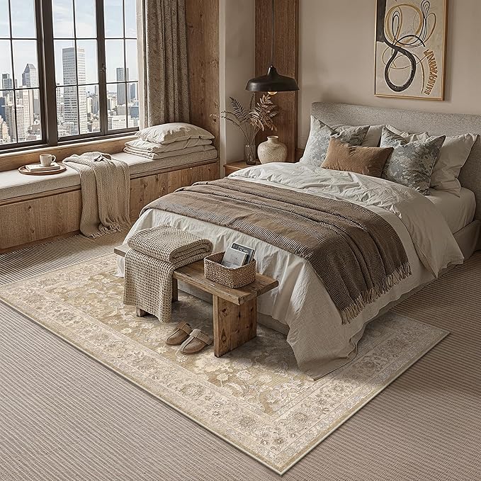 6x9 Taupe Washable Area Rug for Living Room Bedroom Neutral Soft Floral Non Slip Large Throw Rug Lightweight Vintage Low Pile Distressed Carpet Office Playroom Home Decor