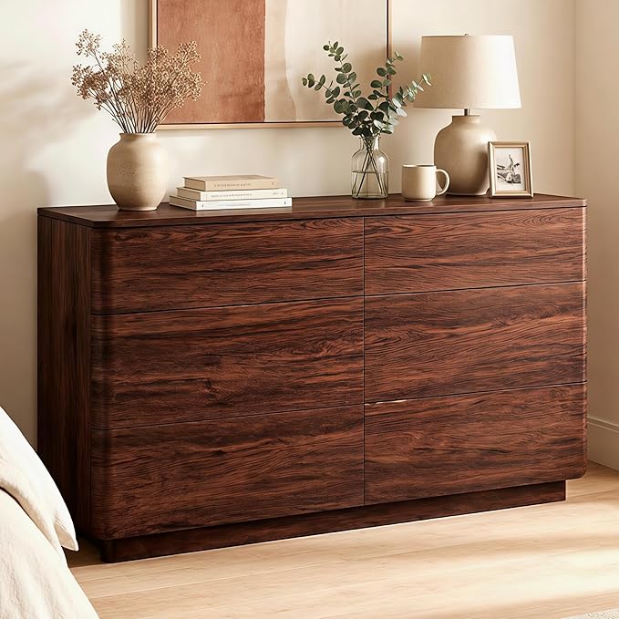 ACCOHOHO 6 Drawer Dresser for Bedroom, 52" Wide Modern Wood Dresser with Hidden Handle Drawers, Large Storage Chest of Drawers, TV Stand for Living Room & Hallway, Curved Profile Design, Dark Walnut
