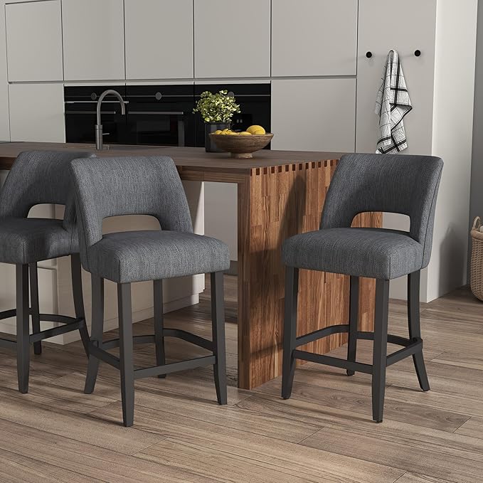 VKNOW Bar Stools Set of 6, 26" Upholstered Counter Height Bar Stools, Modern Counter Stools with Black Legs for Kitchen Island Dining Room Bar, Dark Grey-Black Legs
