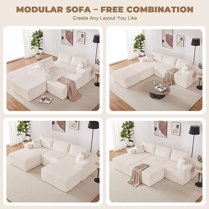 Weture 108” Modular Sectional Couches, Modern Modular U-Shape Sofa with Chaise, Cloud Sectional Couch with Deep Seat, Upholstered Boneless Sofa for Living Room (Corduroy, Beige)