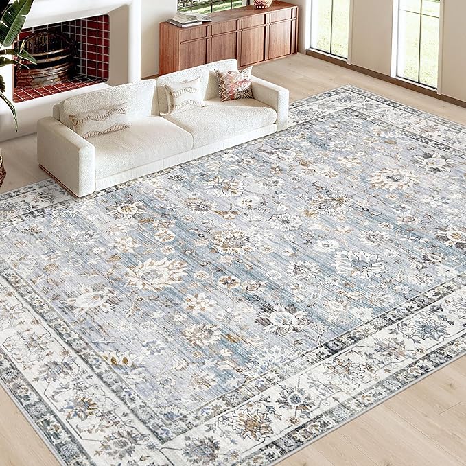 XLUEZ Area Rug 9x12 Living Room Rug, Machine Washable Vintage Distressed Boho Area Rug Non-Slip Soft Low Pile Large Indoor Rugs for Bedroom Kitchen Dining Room Office(Light Blue,9'x12')