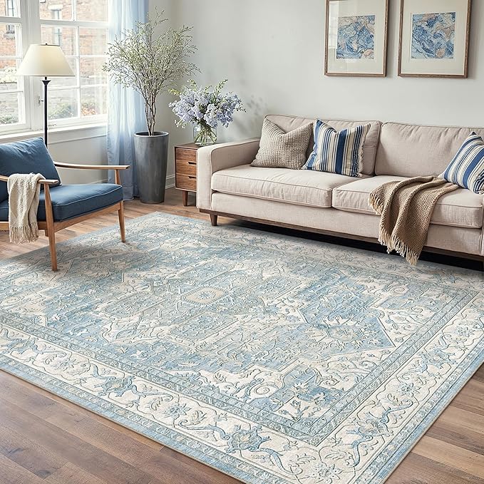 4x6 Washable Vintage Area Rug Blue Oriental Soft Entryway Throw Rug Neutral Non Slip Low Pile Small Carpet for Kitchen Bathroom Living Room Bedroom