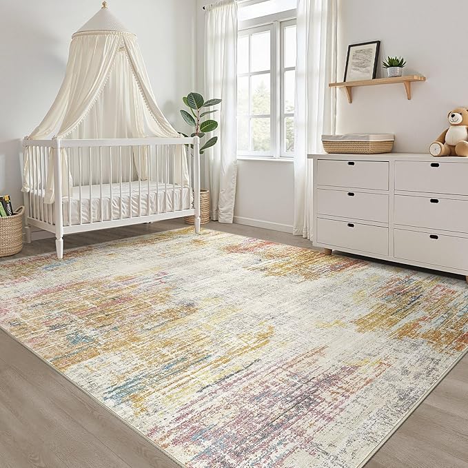 8x10 Area Rugs Living Room: Washable Large Neutral Rug Abstract Soft Modern Stain Resistant Indoor Floor Non-Slip Carpet for Bedroom Nursery Kids Classroom Playroom Dining Room Office- Gold Colorful