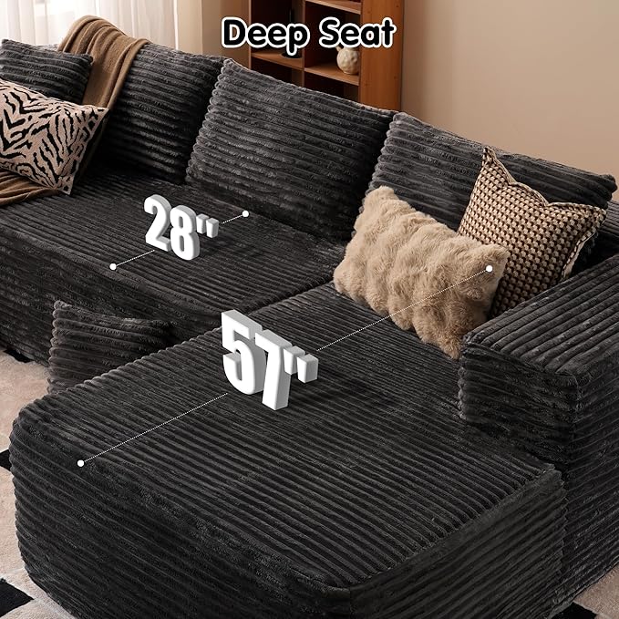 ovios 104" Cloud Boneless Couch with L-Shape Chaise,Modern Sectional Modular Sofa with Deep Seat, Upholstered Couches for Living Room Bedroom,No Assembly Required, Grey (Plush Corduroy Fabric)