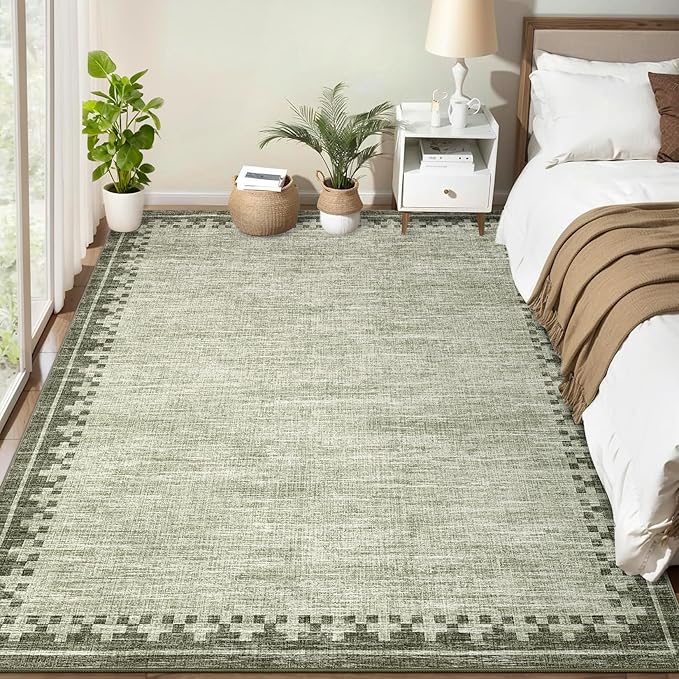 GarveeHome Modern10x13 Washable Bordered Area Rug for Living Room Bedroom Neutral Non Slip Stain Resistant Large Indoor Carpet Foldable Low Pile Dining Room Home Office Rugs, Green