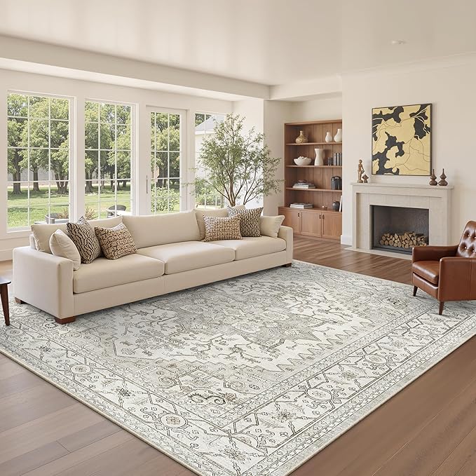 befbee Washable Area Rug 5x7, Area Rugs Stain Resistant Neutral Washable Rugs for Living Room Bedroom Vintage Non-Slip Thin Large Size Area Rug（Beige）