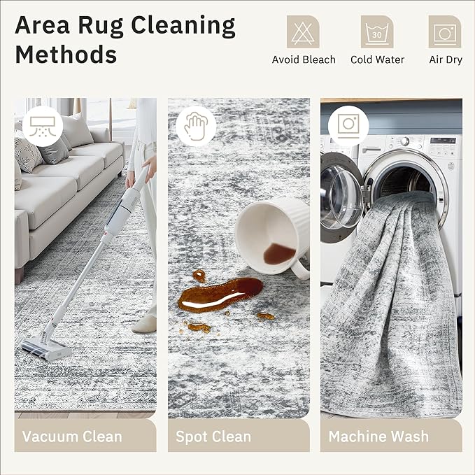 Soalmost Washable Area Rug 8x12, Large Soft Rugs for Living Room Vintage Grey Carpet 8x12 Area Rugs for Bedroom Dining Room Non-Slip Stain Resistant Under Table Rug